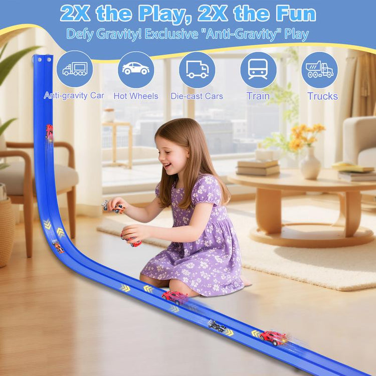 Flex Tracks 20 Ft for Kids, Flexible Race Car Ramp Track with 4 Small Racecars Suction Cups and Hook, Compatible with Hot Wheels and Diecast 1/50Th Cars, Rolls up Portable Racetrack for Ages 3 8 Up, Birthday Christmas Gifts for Kids