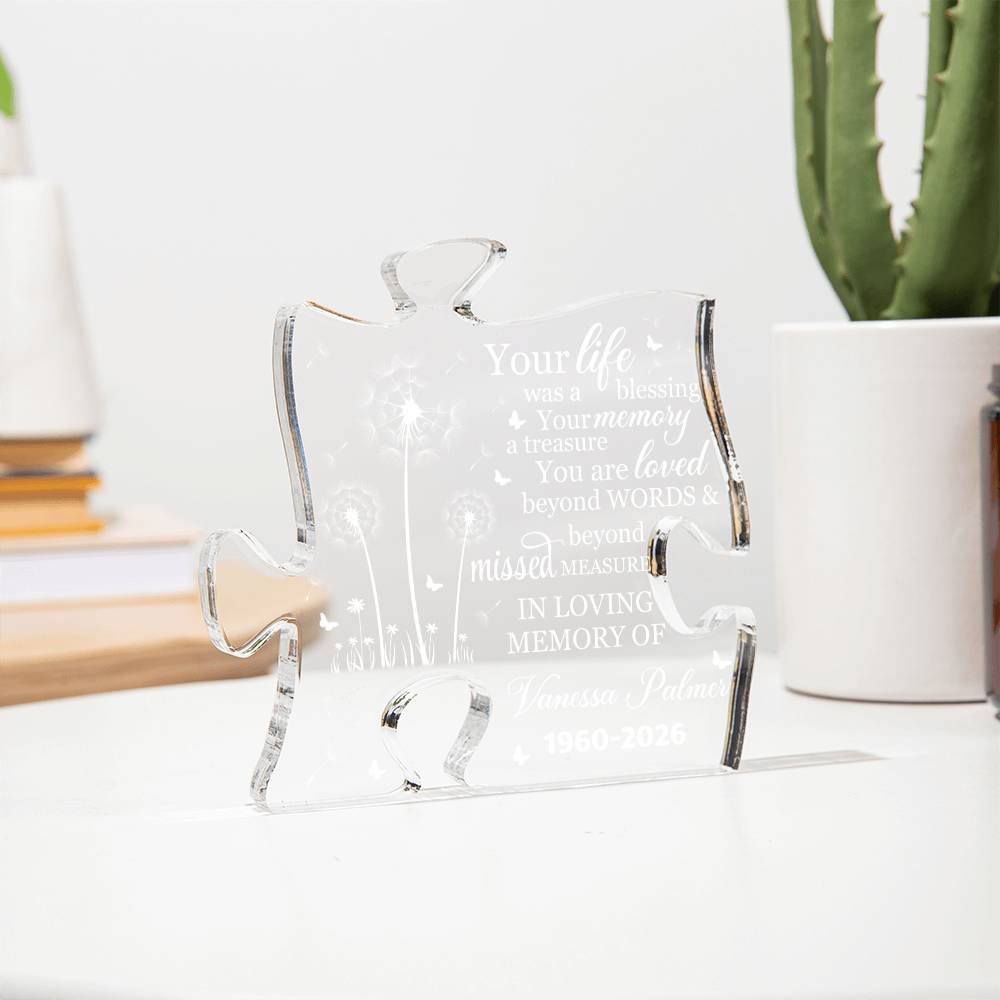 Custom name memorial acrylic puzzle plaque with sympathy quote