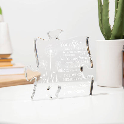 Custom name memorial acrylic puzzle plaque with sympathy quote