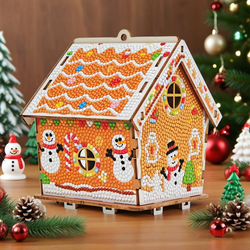 3D Wooden Puzzle Diamond Painting Kit: Gingerbread House DIY Craft with Sparkling Christmas Decorations - Snowman, Christmas Tree, Stocking. Home Desktop Art for Teens & Adults, Christmas Gift & Party Decor, Holiday Crafts,Festive Artwork,