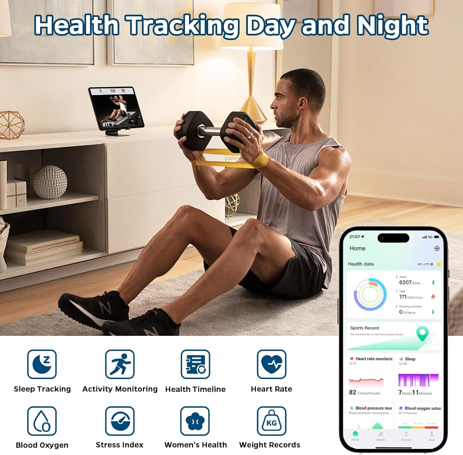 Advanced Smart Health Tracker Ring - Waterproof Fitness Monitor with Heart Rate, Sleep Tracking, Air Gestures & 7-Day Battery for iOS/Android (Black, Size 