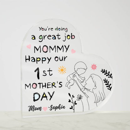 1st Mother’s Day Personalized Acrylic Plaque – First Mother’s Day Gift for Mommy, Custom Mom &amp; Baby Name Keepsake, New Mom Heart Plaque