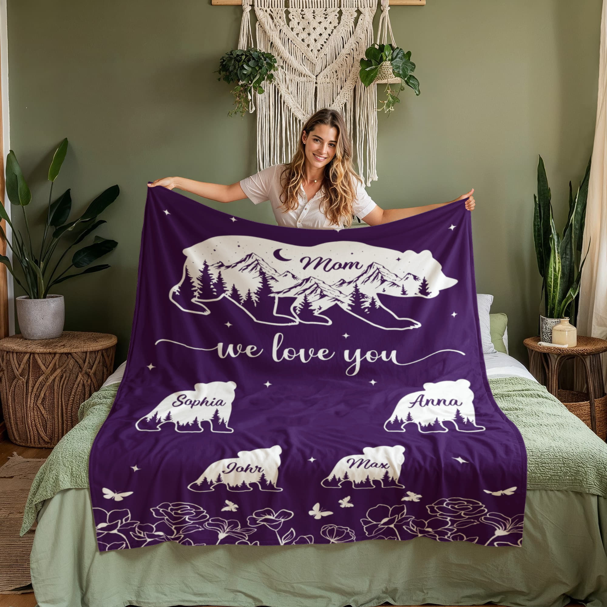Mom We Love You Personalized Bear Blanket – Custom Mom Blanket with Kids Names, Mother’s Day Gift for Mom, Family Bear Throw Blanket