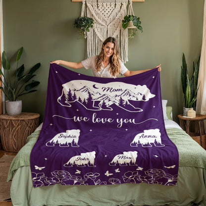 Mom We Love You Personalized Bear Blanket – Custom Mom Blanket with Kids Names, Mother’s Day Gift for Mom, Family Bear Throw Blanket