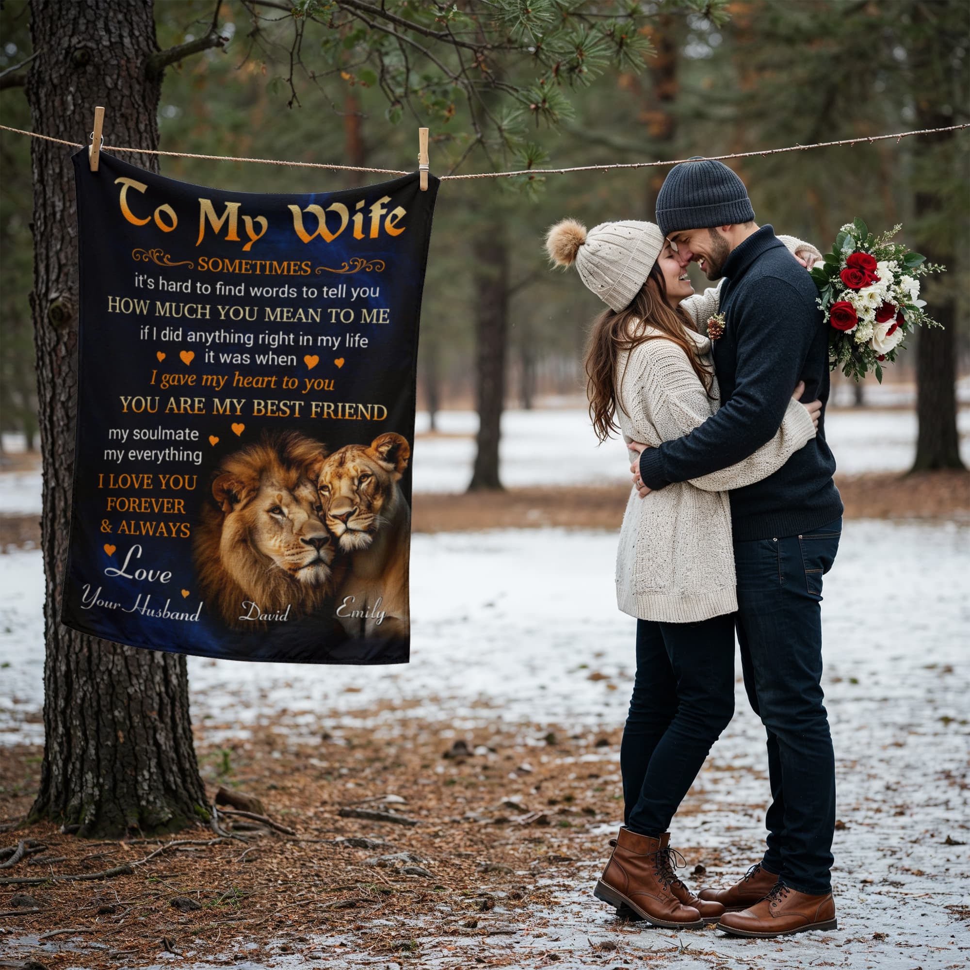 Personalized To My Wife Lion Couple Blanket – Custom Name Romantic Gift from Husband to Wife