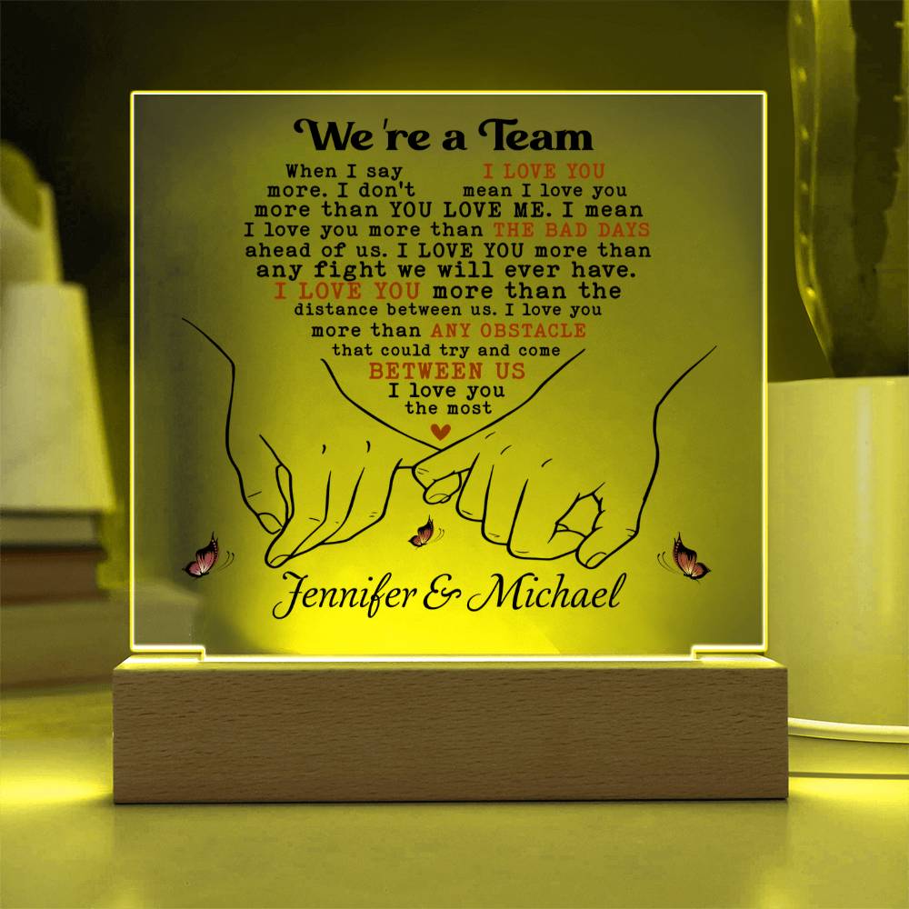 Personalized Valentine LED Acrylic Plaque – “I Love You More” Quote, Custom Names Romantic Light-Up Gift