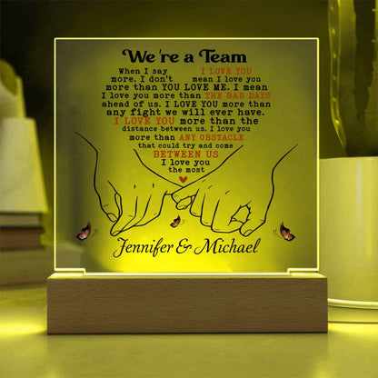 Personalized Valentine LED Acrylic Plaque – “I Love You More” Quote, Custom Names Romantic Light-Up Gift