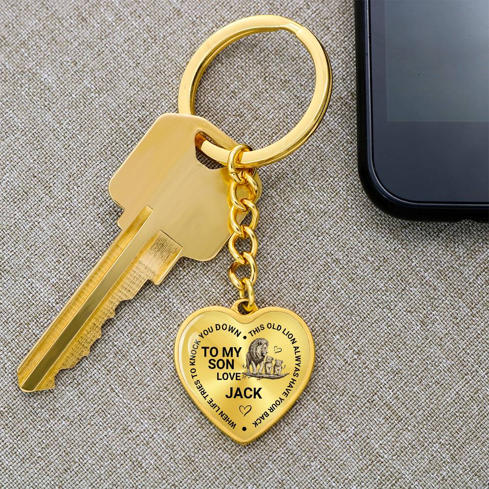 To My Son Heart Keychain Gift from Dad, Old Lion Always Has Your Back Personalized Keepsake