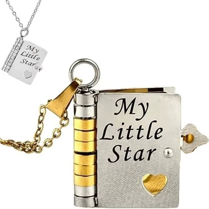 My Little Star Book Pendant Necklace for Daughter Openable Pages Engraved Letter Stainless Steel Necklace for Birthday Gift