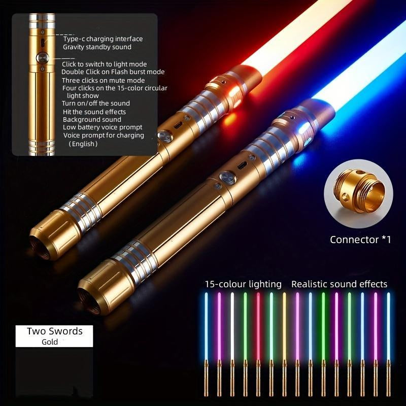 15-Color 2-In-1 Rechargeble Light Saber with Smooth Swing - Glow Light up Toy Motion Control RGB Lightsaber with Sounds, Ultimate Halloween & Christmas Gift