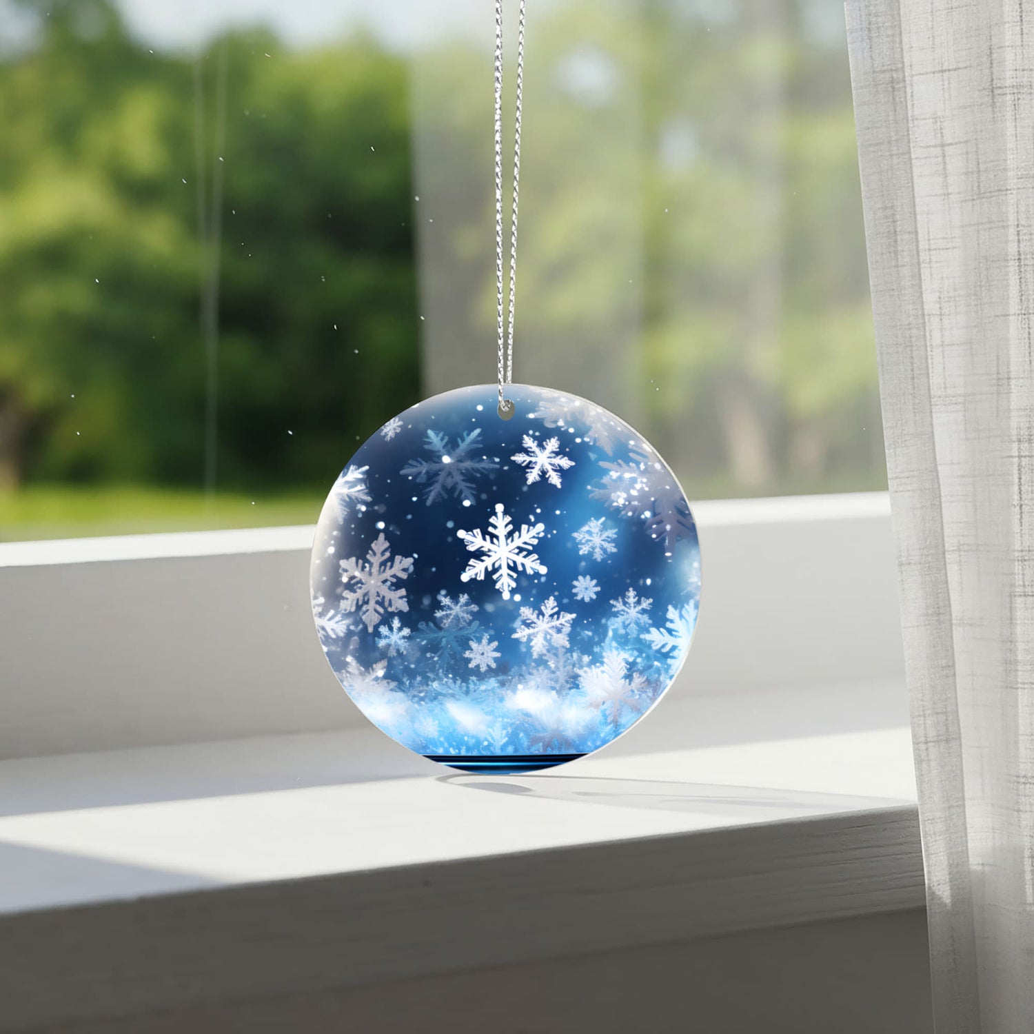 Snowflake Acrylic Ornament – 3" Round Winter Blue Holiday Decoration with Silver Cord &amp; One-Sided UV Printing