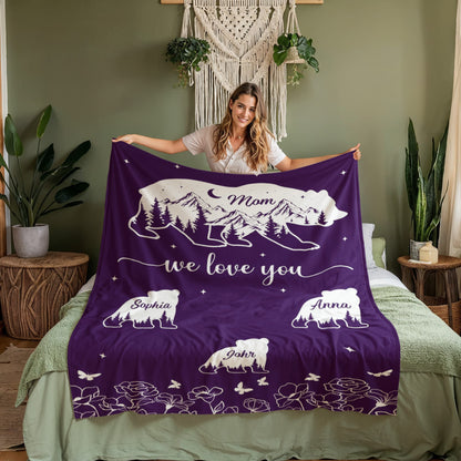 Mom We Love You Personalized Bear Blanket – Custom Mom Blanket with Kids Names, Mother’s Day Gift for Mom, Family Bear Throw Blanket
