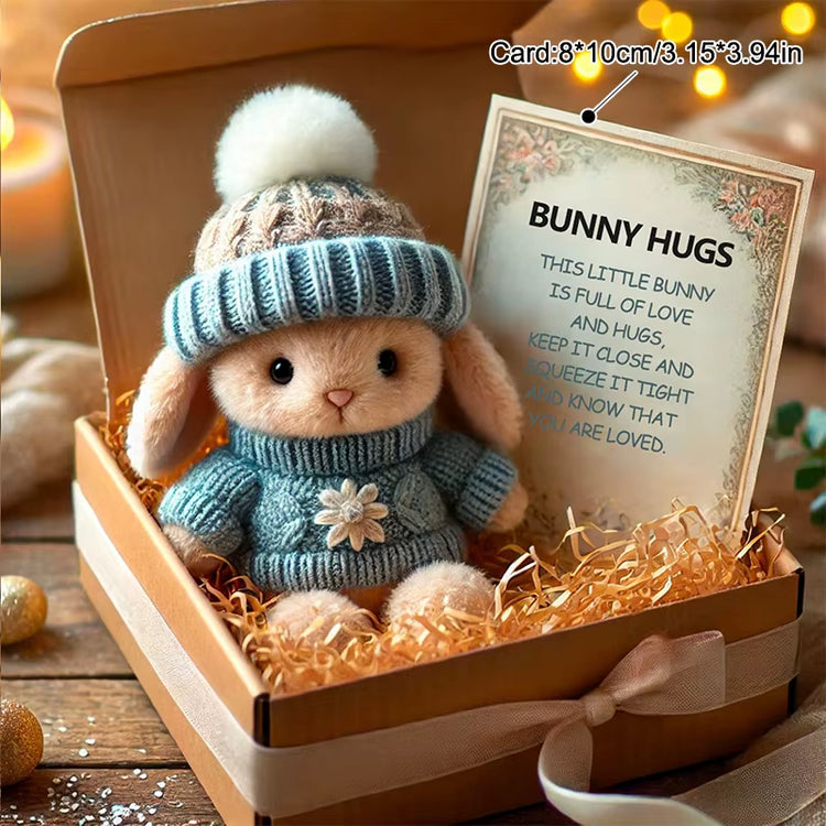 Mini Bunny Hug Cute Easter Gift Plush Bunny with Knitted Hat and Pom Pom Soft Pocket Emotional Support Rabbit with Gift Box Card