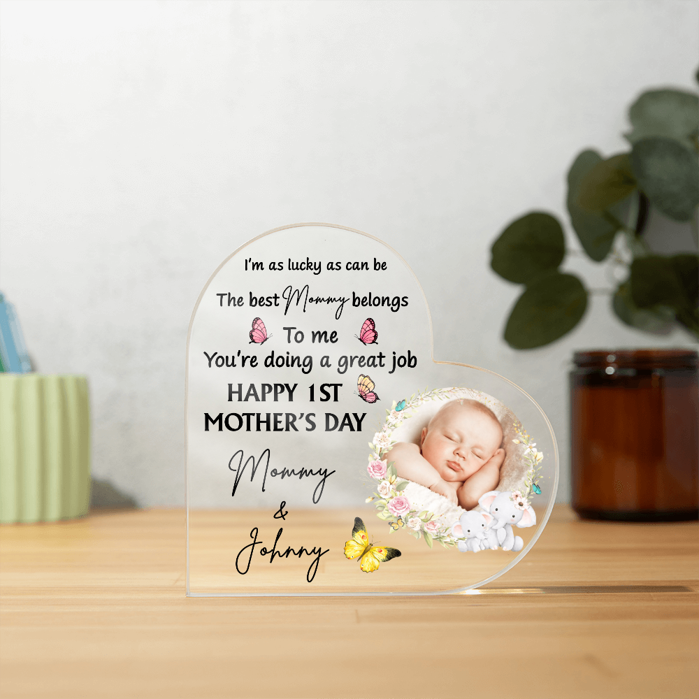 1st Mother’s Day Personalized Heart Acrylic Plaque – First Mother’s Day Gift for Mommy, Custom Mom Keepsake with Baby Name