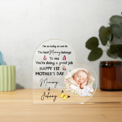 1st Mother’s Day Personalized Heart Acrylic Plaque – First Mother’s Day Gift for Mommy, Custom Mom Keepsake with Baby Name