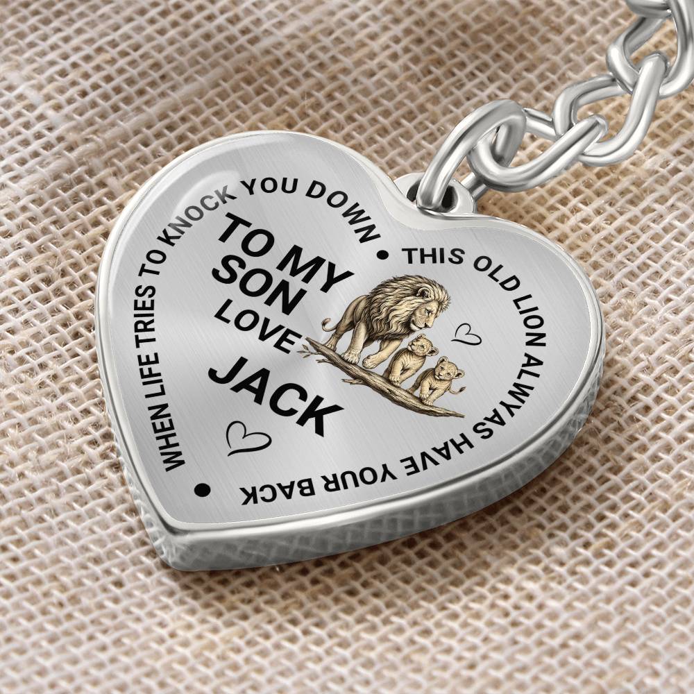 To My Son Heart Keychain Gift from Dad, Old Lion Always Has Your Back Personalized Keepsake