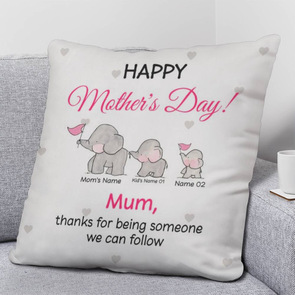 Personalized Mother’s Day Elephant Pillow – Custom Mom and Kids Name Pillow, Happy Mother’s Day Gift for Mom, Cute Mom Throw Pillow