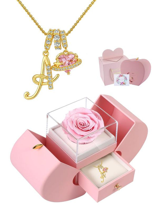 Apple Shape Rose Jewelry Gift Box with Initial Letter Heart Necklace for Women, Valentine&