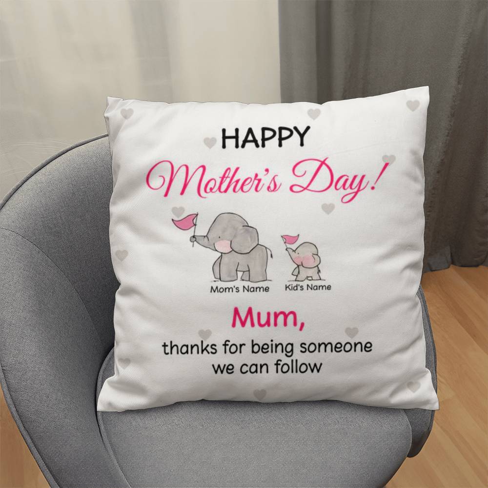 Personalized Mother’s Day Elephant Pillow – Custom Mom and Kids Name Pillow, Happy Mother’s Day Gift for Mom, Cute Mom Throw Pillow