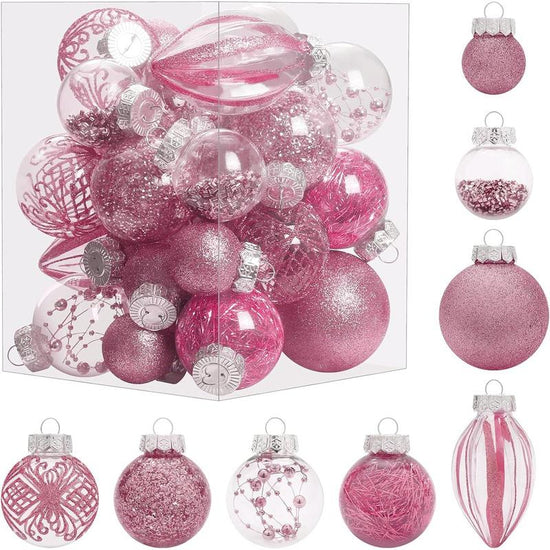 Christmas Ornaments Set, 32Pcs Clear Plastic Shatterproof Christmas Ball Hanging Ornaments for Xmas Tree Decorations, for Indoor Home Thanksgiving Party Holiday Decor - Pink.