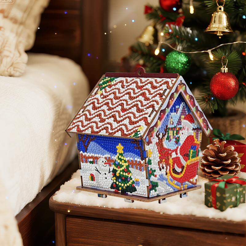 3D Wooden Puzzle Diamond Painting Kit: Gingerbread House DIY Craft with Sparkling Christmas Decorations - Snowman, Christmas Tree, Stocking. Home Desktop Art for Teens & Adults, Christmas Gift & Party Decor, Holiday Crafts,Festive Artwork,