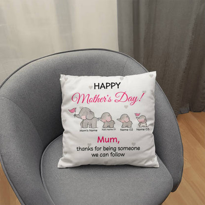 Personalized Mother’s Day Elephant Pillow – Custom Mom and Kids Name Pillow, Happy Mother’s Day Gift for Mom, Cute Mom Throw Pillow