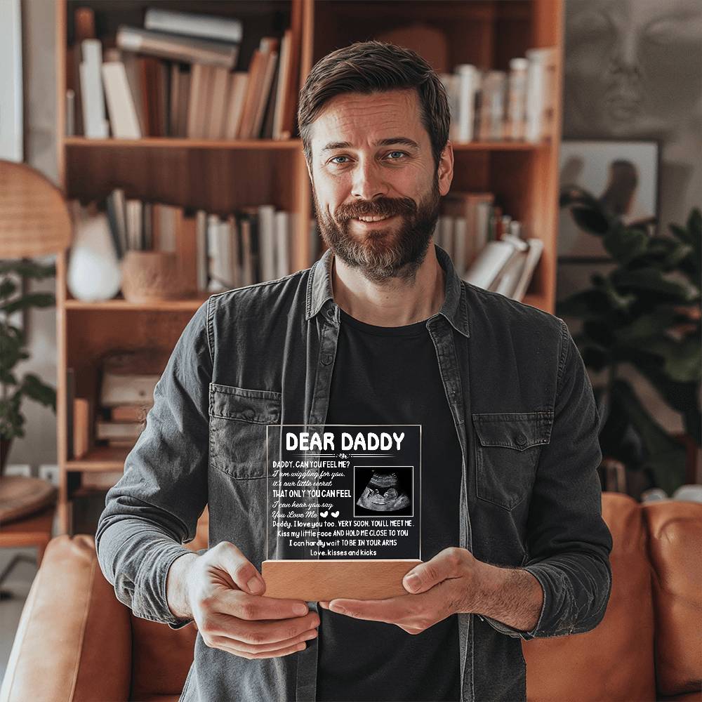 Dear Daddy LED Acrylic Plaque – Pregnancy Announcement Night Light with Ultrasound Photo &amp; Heartfelt Message from Bump