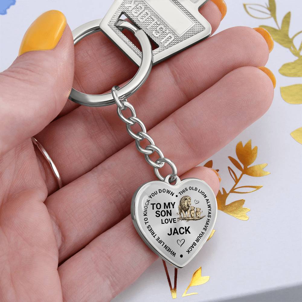 To My Son Heart Keychain Gift from Dad, Old Lion Always Has Your Back Personalized Keepsake