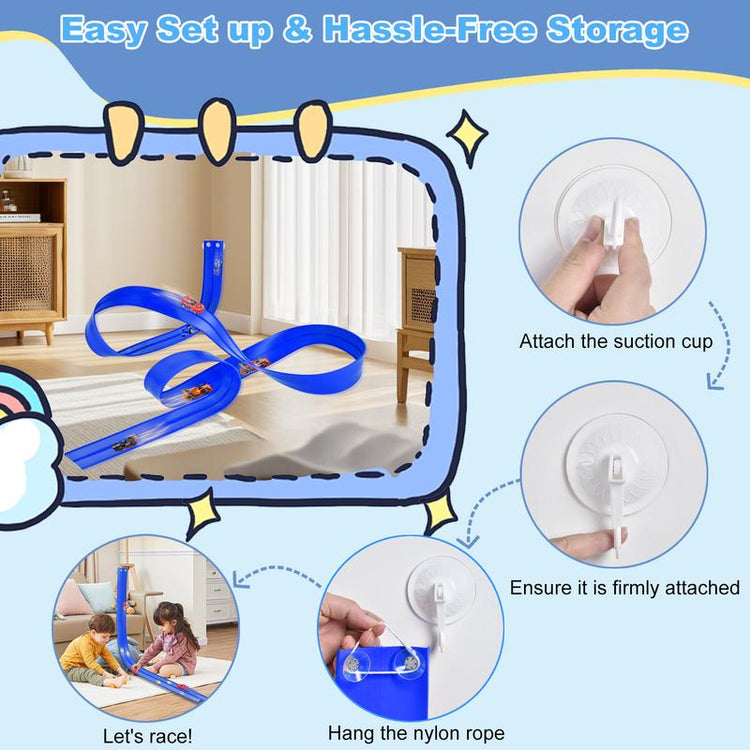 Flex Tracks 20 Ft for Kids, Flexible Race Car Ramp Track with 4 Small Racecars Suction Cups and Hook, Compatible with Hot Wheels and Diecast 1/50Th Cars, Rolls up Portable Racetrack for Ages 3 8 Up, Birthday Christmas Gifts for Kids