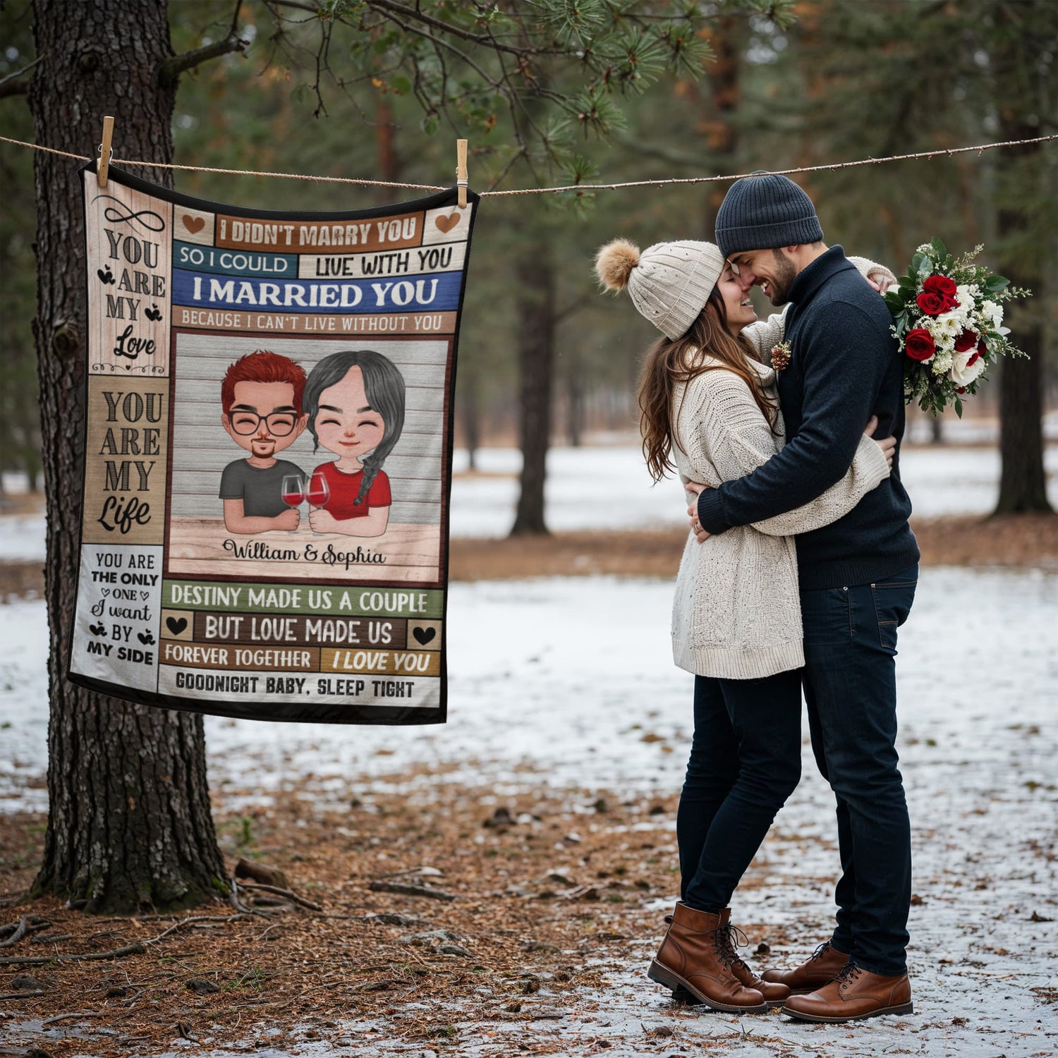 Personalized Couple Blanket with Cartoon Portrait – Custom Names Romantic Throw Blanket Gift for Husband and Wife, Anniversary or Wedding Keepsake