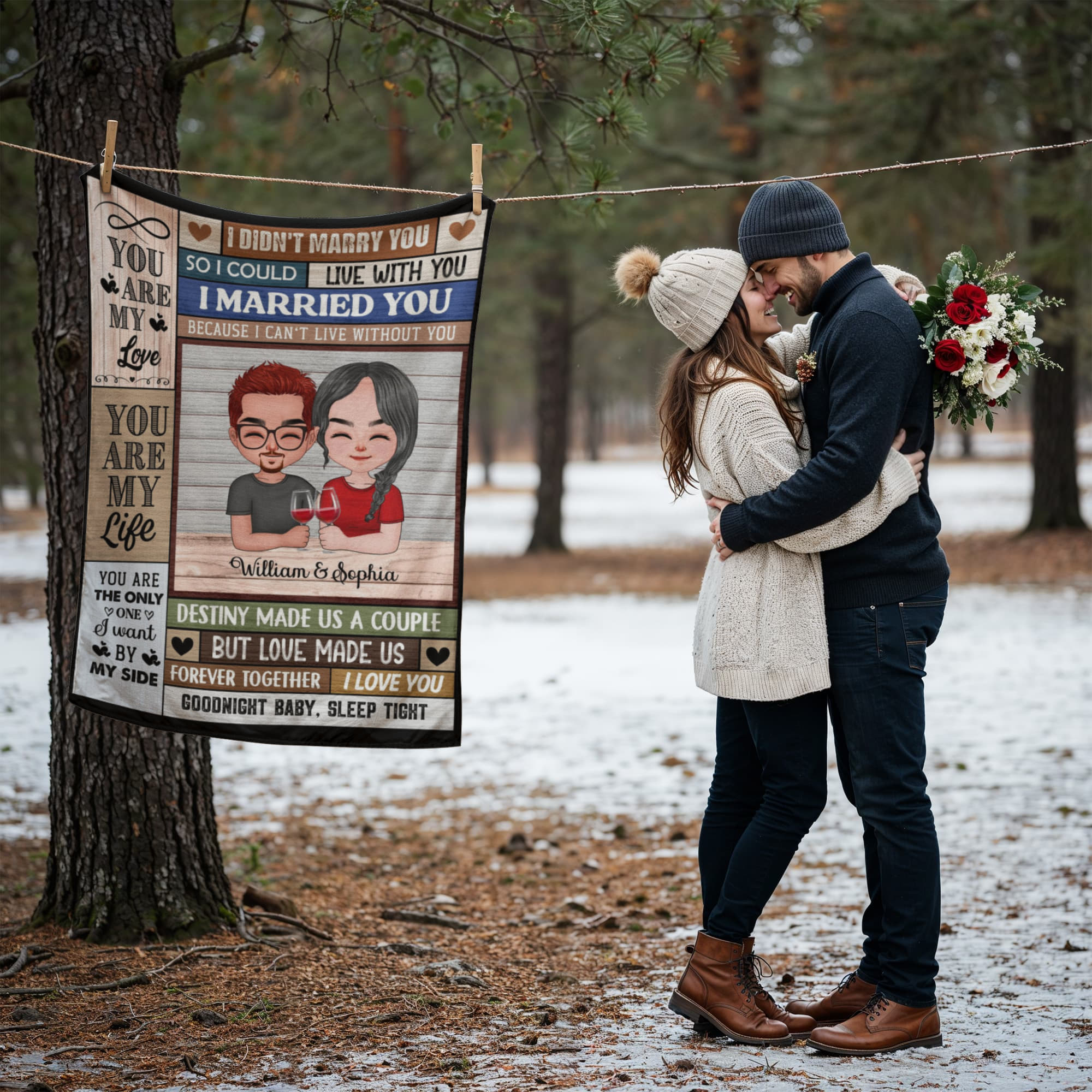 Personalized Couple Blanket with Cartoon Portrait – Custom Names Romantic Throw Blanket Gift for Husband and Wife, Anniversary or Wedding Keepsake