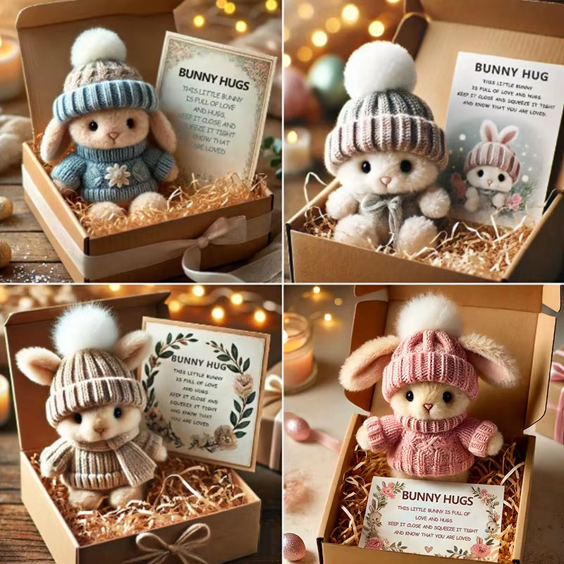 Mini Bunny Hug Cute Easter Gift Plush Bunny with Knitted Hat and Pom Pom Soft Pocket Emotional Support Rabbit with Gift Box Card
