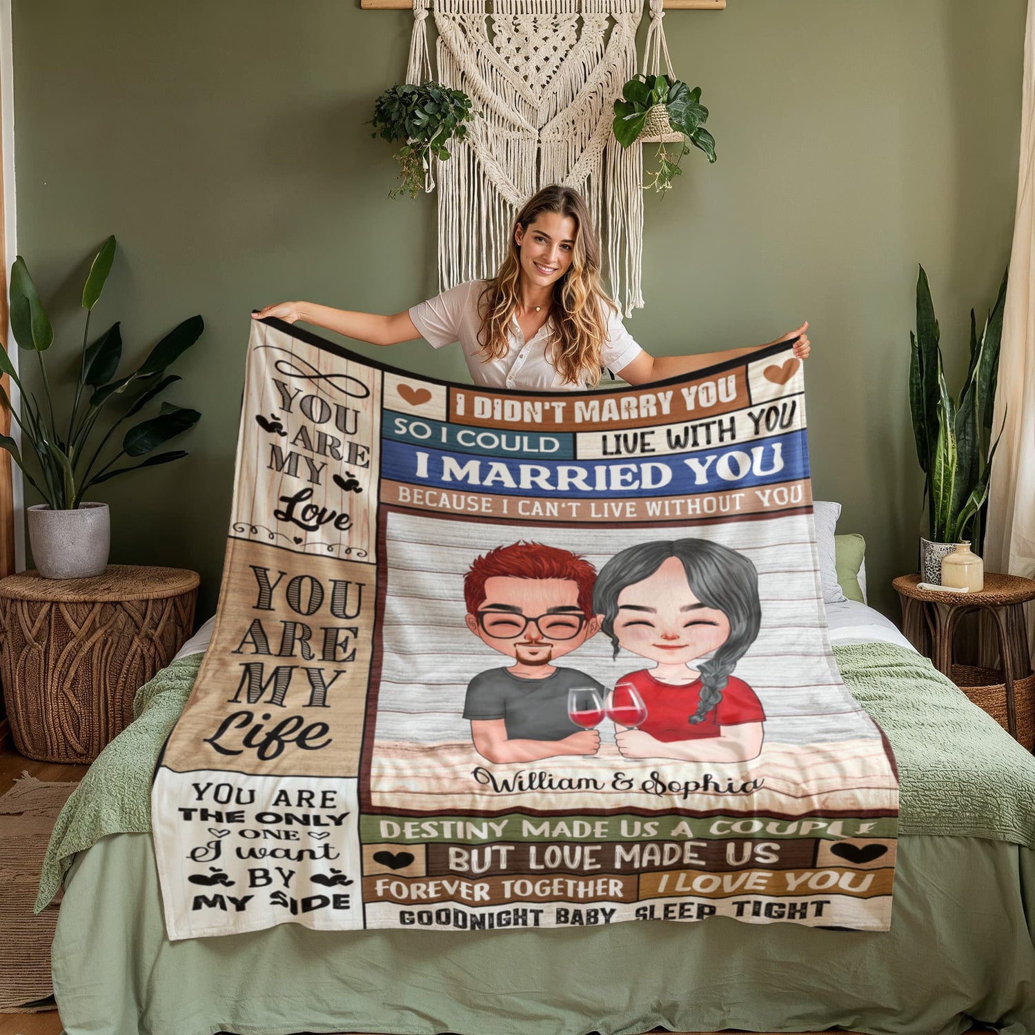 Personalized Couple Blanket with Cartoon Portrait – Custom Names Romantic Throw Blanket Gift for Husband and Wife, Anniversary or Wedding Keepsake