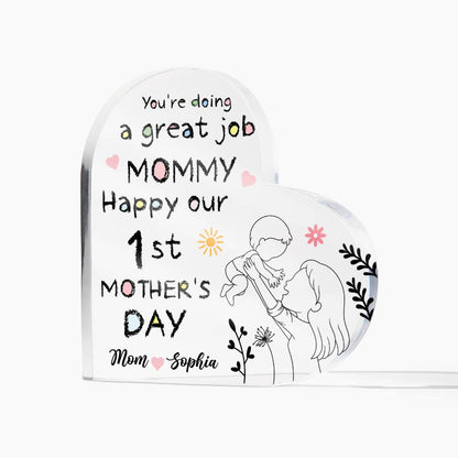 1st Mother’s Day Personalized Acrylic Plaque – First Mother’s Day Gift for Mommy, Custom Mom &amp; Baby Name Keepsake, New Mom Heart Plaque