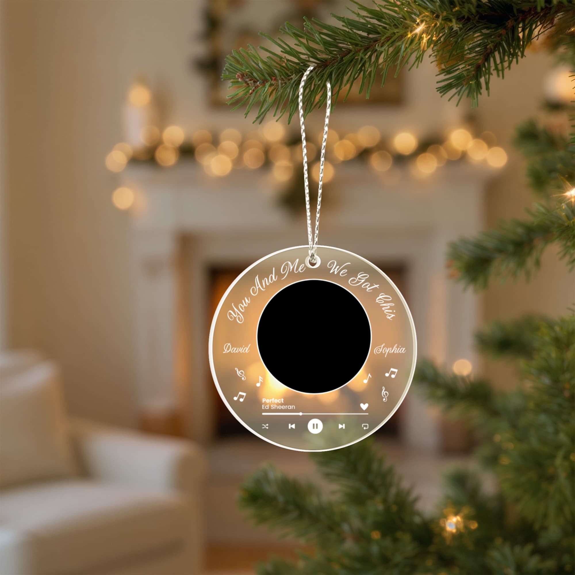 Romantic custom song ornament with photo and names