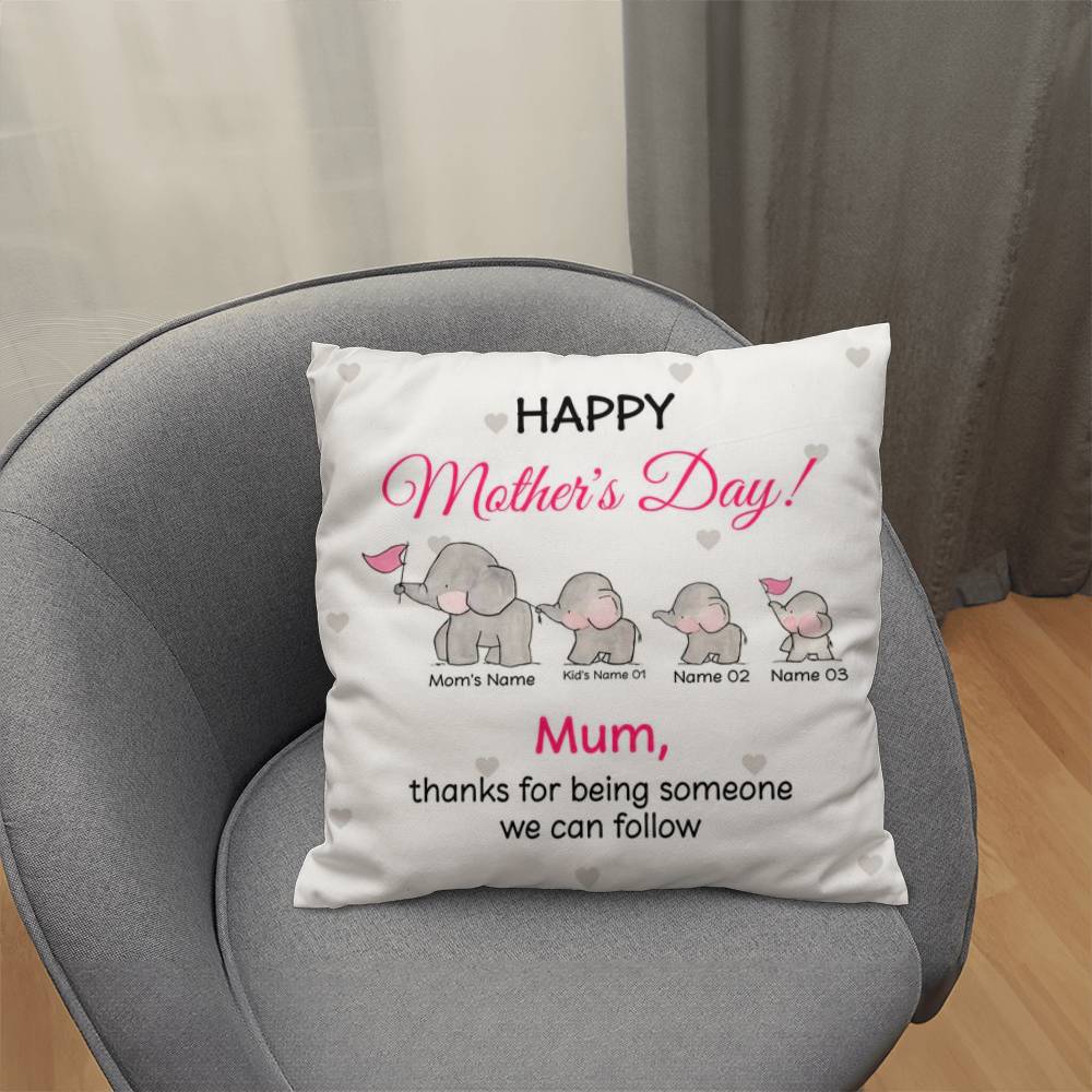 Personalized Mother’s Day Elephant Pillow – Custom Mom and Kids Name Pillow, Happy Mother’s Day Gift for Mom, Cute Mom Throw Pillow