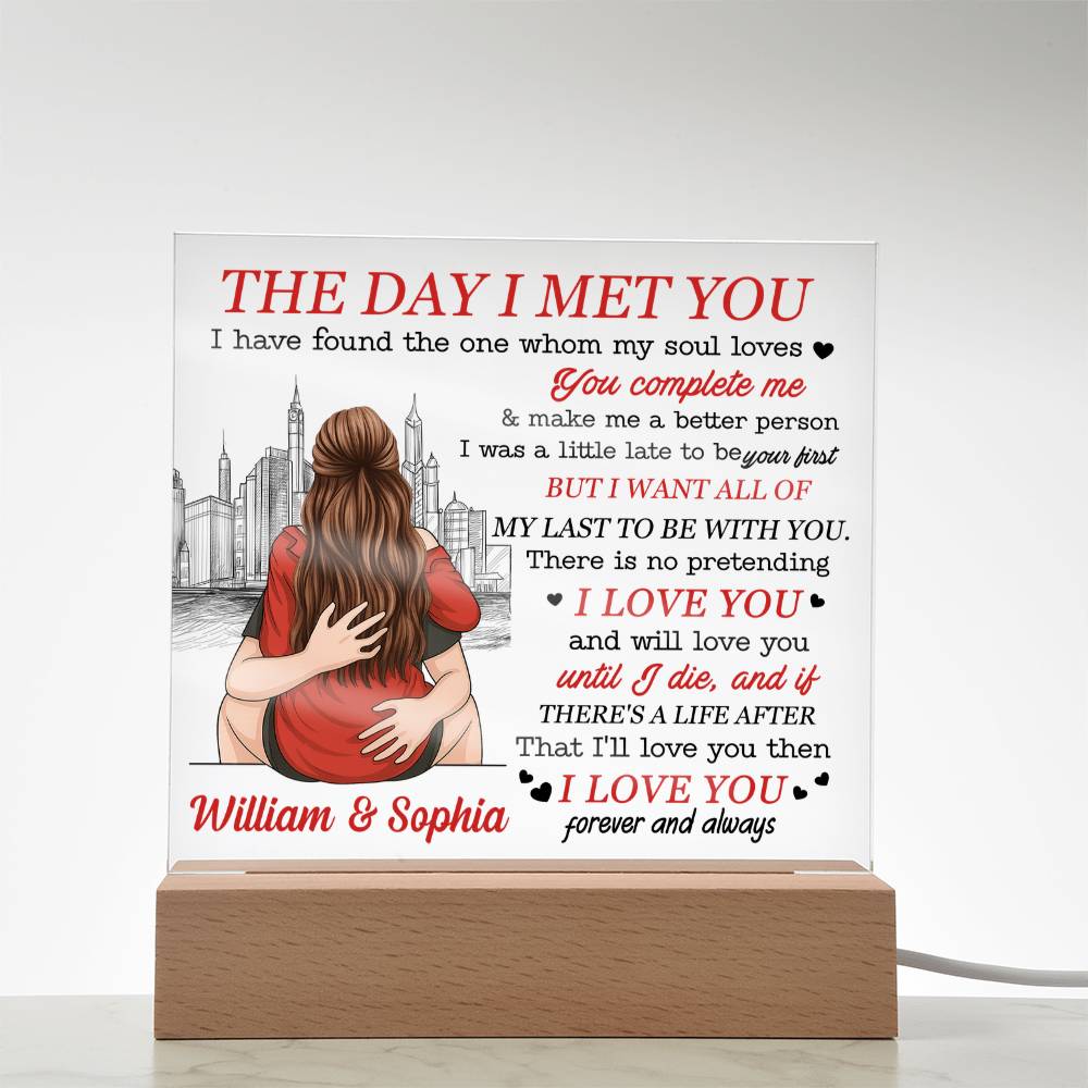 Personalized Valentine LED Acrylic Plaque – The Day I Met You Love Quote, Custom Names Light-Up Romantic Keepsake