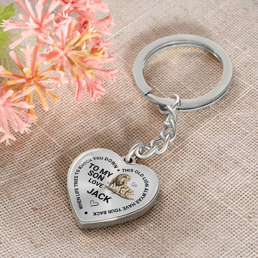 To My Son Heart Keychain Gift from Dad, Old Lion Always Has Your Back Personalized Keepsake