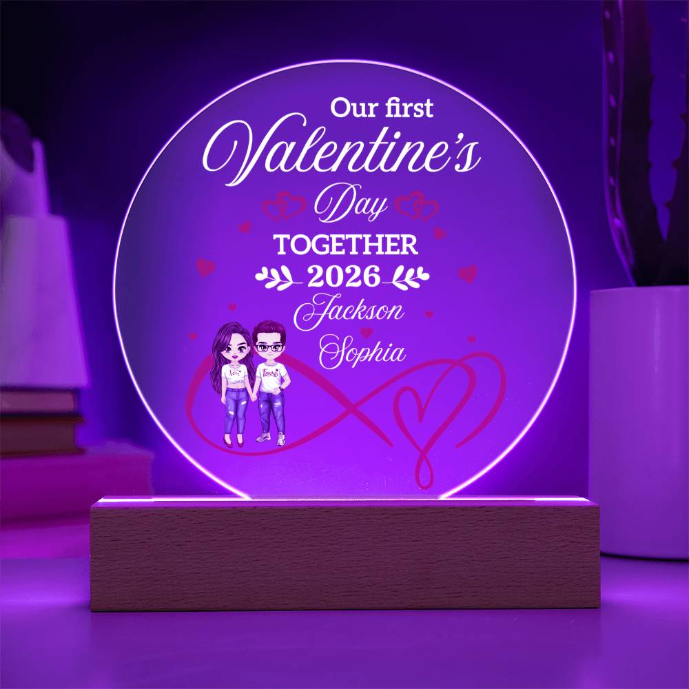 Personalized LED acrylic circle plaque with custom names and date. A romantic Valentine gift for couples celebrating their first Valentine together.