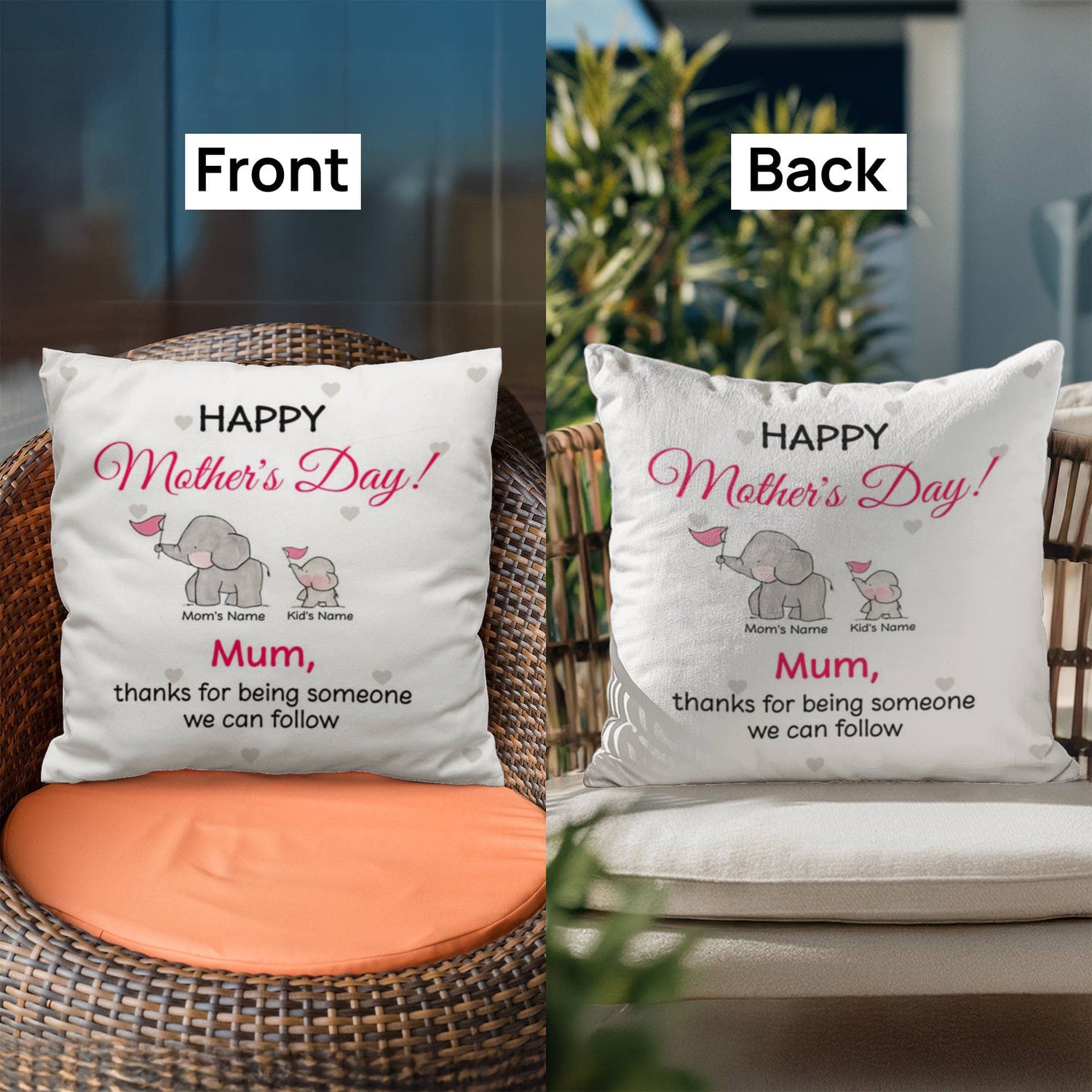 Personalized Mother’s Day Elephant Pillow – Custom Mom and Kids Name Pillow, Happy Mother’s Day Gift for Mom, Cute Mom Throw Pillow