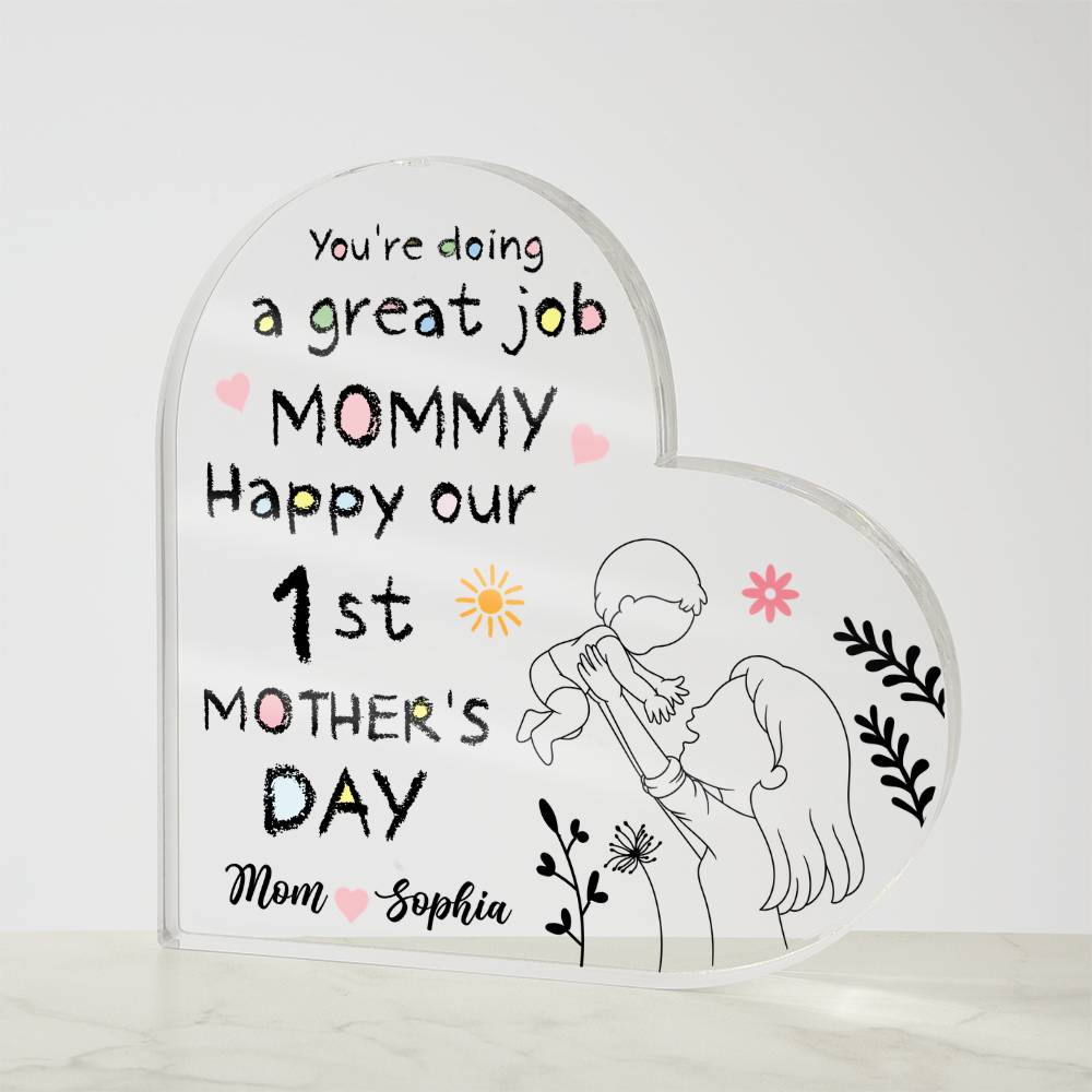 1st Mother’s Day Personalized Acrylic Plaque – First Mother’s Day Gift for Mommy, Custom Mom &amp; Baby Name Keepsake, New Mom Heart Plaque