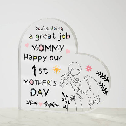 1st Mother’s Day Personalized Acrylic Plaque – First Mother’s Day Gift for Mommy, Custom Mom &amp; Baby Name Keepsake, New Mom Heart Plaque