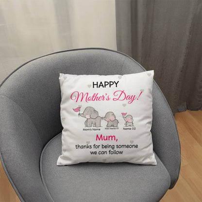 Personalized Mother’s Day Elephant Pillow – Custom Mom and Kids Name Pillow, Happy Mother’s Day Gift for Mom, Cute Mom Throw Pillow