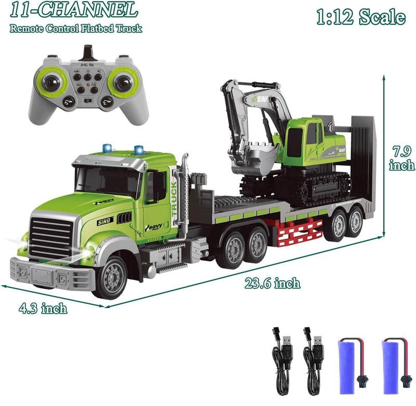 RC Semi Truck & Excavator Toy Set,1:12 RC Semi-Trailer Truck with Sound and Lights,2.4Ghz Remote Control Flatbed Truck with Green Excavator Toys Remoto