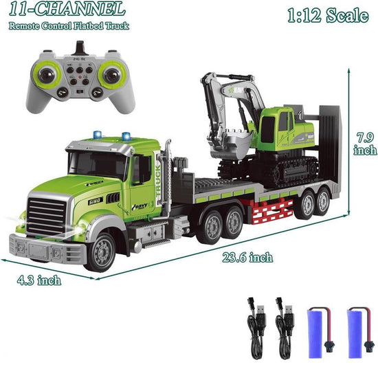 RC Semi Truck & Excavator Toy Set,1:12 RC Semi-Trailer Truck with Sound and Lights,2.4Ghz Remote Control Flatbed Truck with Green Excavator Toys Remoto