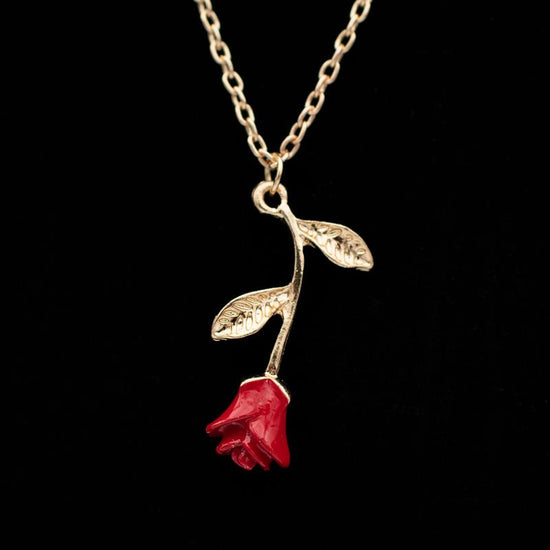 Red Rose Pendant Necklace with Stem, Valentines Day Gift, Wife/Girlfriend