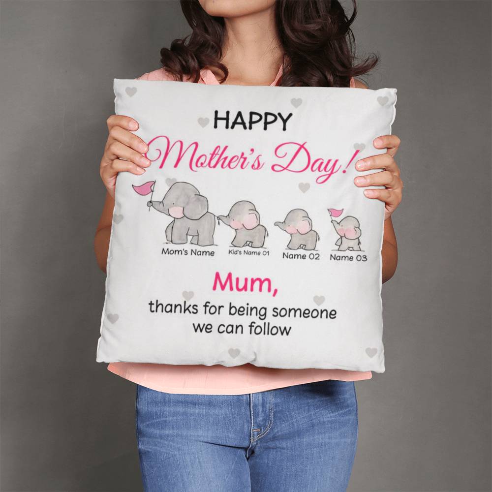 Personalized Mother’s Day Elephant Pillow – Custom Mom and Kids Name Pillow, Happy Mother’s Day Gift for Mom, Cute Mom Throw Pillow