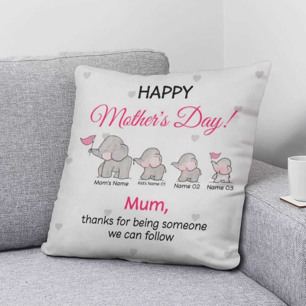 Personalized Mother’s Day Elephant Pillow – Custom Mom and Kids Name Pillow, Happy Mother’s Day Gift for Mom, Cute Mom Throw Pillow