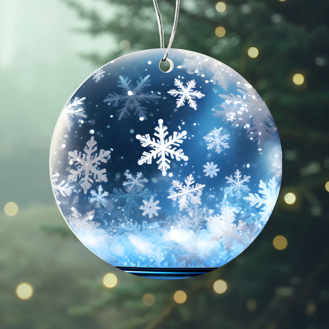 Snowflake Acrylic Ornament – 3" Round Winter Blue Holiday Decoration with Silver Cord &amp; One-Sided UV Printing
