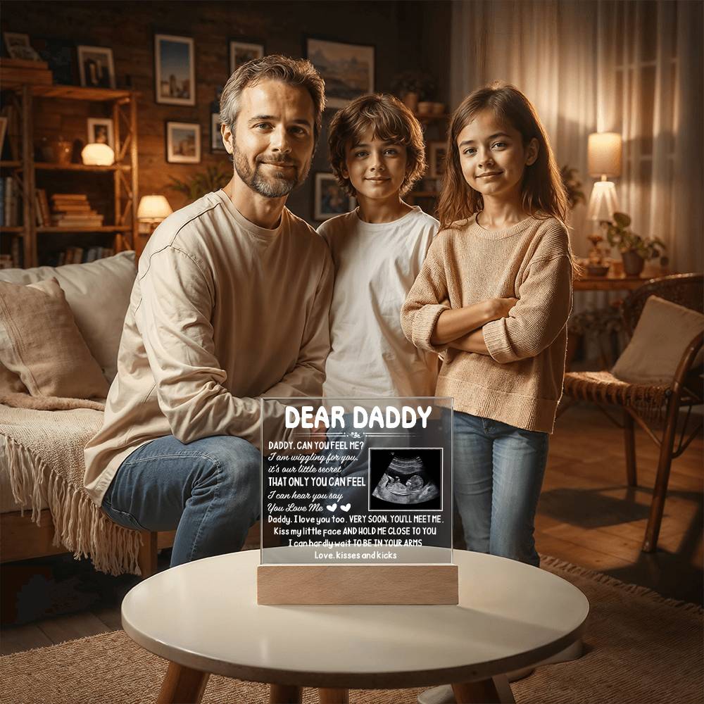 Dear Daddy LED Acrylic Plaque – Pregnancy Announcement Night Light with Ultrasound Photo &amp; Heartfelt Message from Bump